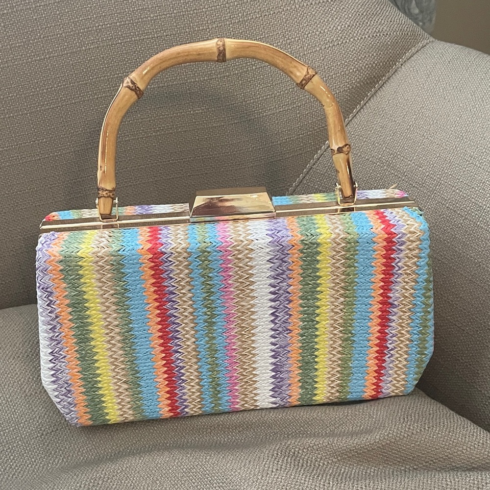 Multicolor Zigzag Pattern Clutch With Bamboo Hand… - image 2